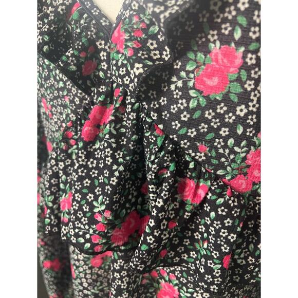 Topshop Woman’s Black Pink Floral V Neck Long Sleeve Ruffle Dress- Size 10 - Picture 9 of 13